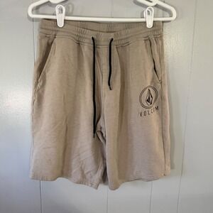 Volcom Sweat Shorts Mens Small Tan Fleece Drawstring Logo Pockets